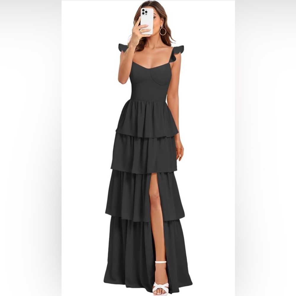 Amazon Elegant Black Tiered Maxi Dress